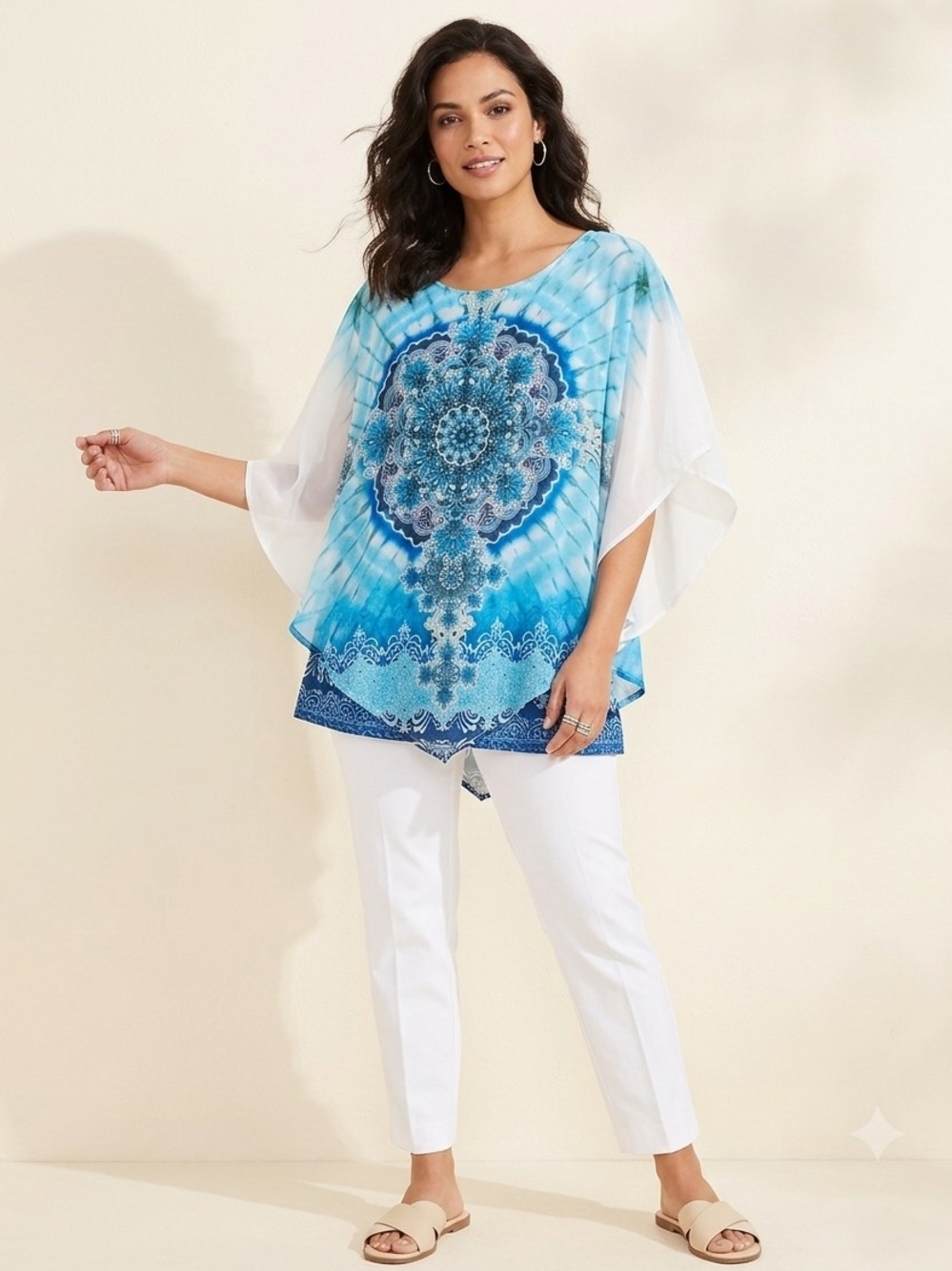 Westport Blue Tie-Dye Mandala Poncho Top Rhinestone Flutter Sleeve XL